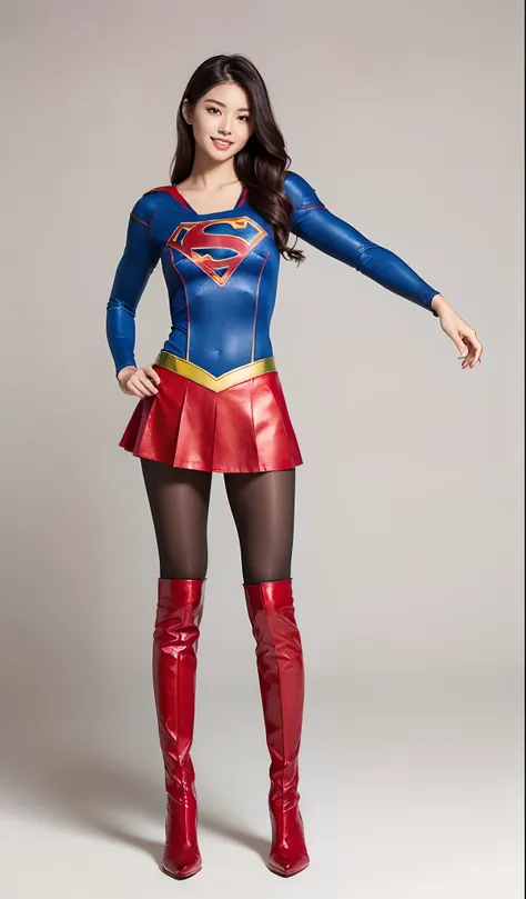 (((Wear black tights on your beautiful legs.)))、(((Grow legs、tall、beauty legs)))、(((facial expression of smile)))、((((Make the most of the original image)))、(((Supergirl Costume)))、(((beautiful hairl)))、(((Suffering)))、(((Feet must necessarily be worn with...