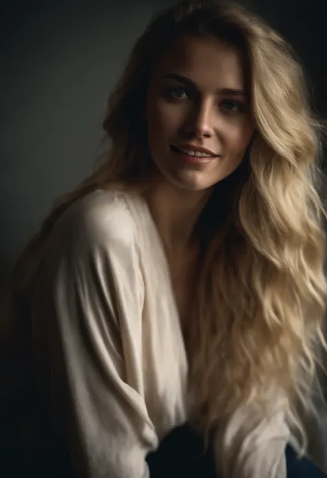 , editorial photograph of a 23 year old woman with long blonde hair), (highly detailed face:1.4) (smile:0.7) (background inside dark, moody, private study:1.3) POV, by lee jeffries, nikon d850, film stock photograph ,4 kodak portra 400 ,camera f1.6 lens ,r...