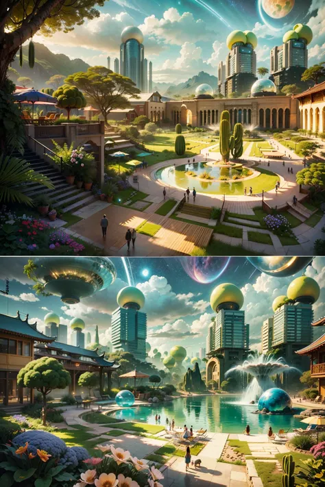 In a whimsical sci-fi world，The picture shows the scene of a two-dimensional science fiction luxury college。The picture shows three different environments：A desert、Rainforest and planetary sky。

The first is the desert environment，You can see the vast yell...