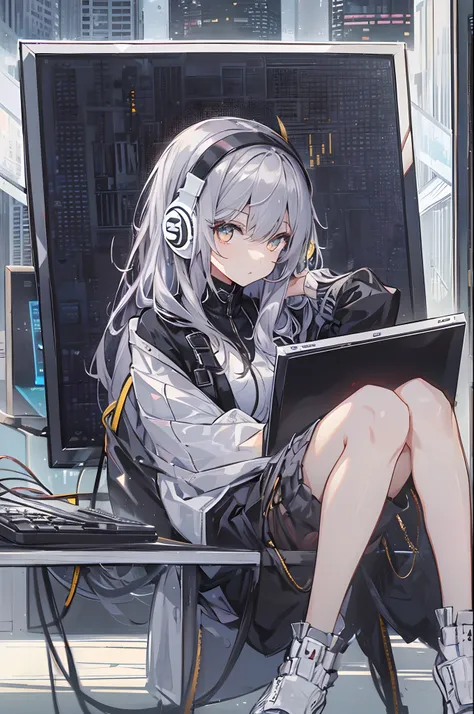 Woman using computer with big screen、silber hair、Semi-long hair、Wearing cool headphones,{{{{{{{{ Black Parker Oversize }}}}}}}},beautiful and delicate golden eyes,Thinking,Black clothes,