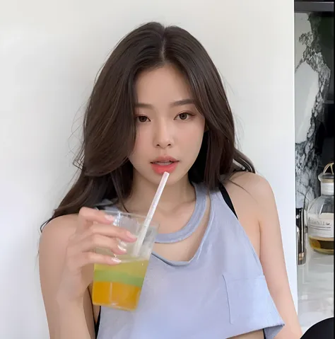 Hay una mujer sosteniendo una bebida y bebiendo de una pajita, Blackpink Jennie, Jaeyeon Nam, 🍸🍋, ulzzang, Sosteniendo una bebida, Parque Roseanne de Blackpink, Jossi de Blackpink, Gongbi, Chica coreana, Heonhwa Choe, con una pajita, Hermosa joven coreana,...