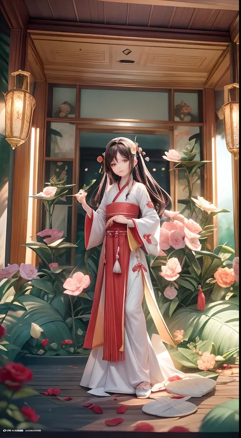 Movie Angle，（Cute girls，anatomy correct，full bodyesbian，Masterpiece camellia，Masterpiece Hanfu，ssmile），（illustratio，paper art，3Drenderingof），（plethora of colors，Best quality，high detal，tmasterpiece，Cinematic lighting effects，4K，Chiaroscuro）