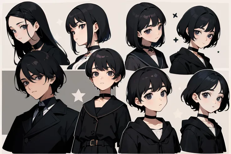 ((Masterpiece, Highest quality)), Detailed face, character sheets, full bodyesbian, Full of details, Multiple poses and expressions, Highly detailed, Depth, Many parts, 1boys , Children all over the body,Black color hair，Black eyes， mitts, Stockings, Black...