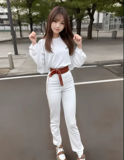 (Photorealsitic)(sixteen years old), Perfectly beautiful woman, (Full body 8K portrait), Stick out your fist, Large and dynamic hand and foot movements, Correct skeleton, White Karate Uniform, White karate pants, Large bust,Stand alone, Perfect facial deta...