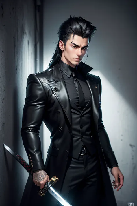 a handsome guy with a long pompadour hair from anime, bandage, clean shave, black and white hair, wearing black a loose long coat, modern black outfit, very handsome, standing pose, detailed face, detailed masculine body, (reality: 1.4), (A hyper-realistic...