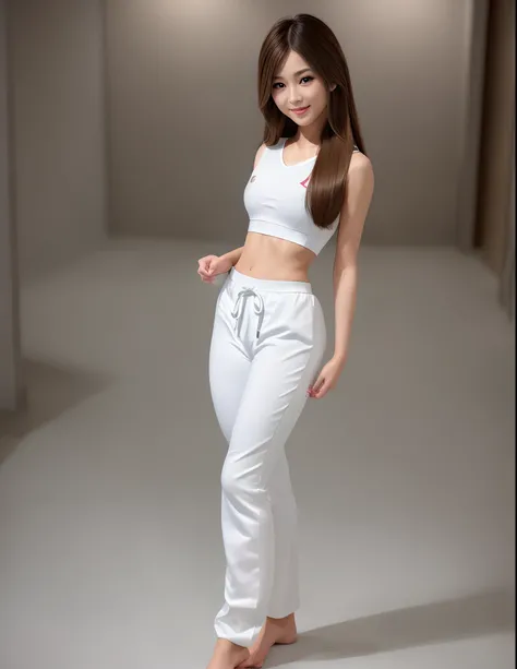 (Photorealsitic)(sixteen years old), Perfectly beautiful woman, (Full body 8K portrait), Stick out your fist, Large and dynamic hand and foot movements, Correct skeleton, White Karate Uniform, White karate pants, Large bust,Stand alone, Perfect facial deta...