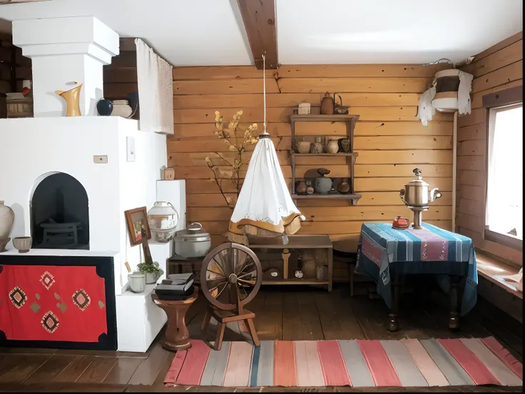 cellar, wooden room, stove, a table, samovar, Veretino, carpet,