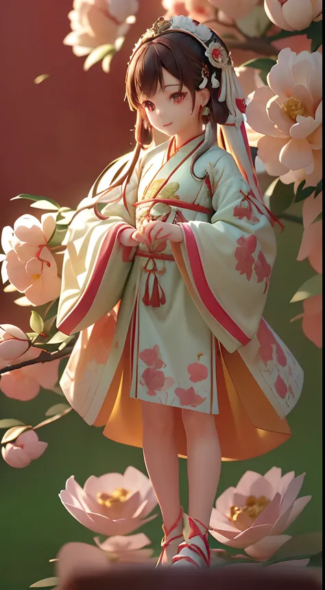 cinematic angle,( cute female child,anatomically correct,full body,Masterpiece camellia,Masterpiece Hanfu,smile),(illustration,paper art,a 3D render),(extremely colorful, Best quality, high detailed, Masterpiece,  Cinematic Lighting, 4K, Chiaroscuro)