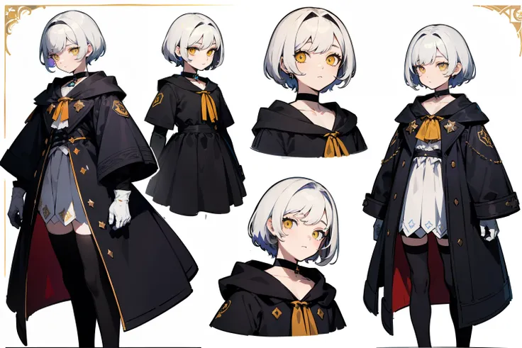 ((Masterpiece, Highest quality)), Detailed face, character sheets, full bodyesbian, Full of details, Multiple poses and expressions, Highly detailed, Depth, Many parts, 1boys , Children all over the body,White color hair，Black pick dye，Yellow eyes， mitts, ...