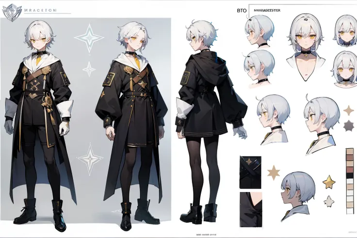 ((Masterpiece, Highest quality)), Detailed face, character sheets, full bodyesbian, Full of details, Multiple poses and expressions, Highly detailed, Depth, Many parts, 1boys , Children all over the body,White color hair，Black pick dye，Yellow eyes， mitts, ...