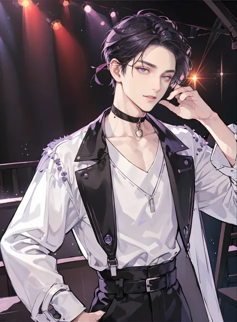 Masterpiece,Exquisite facial details，Exquisite eye details， Best quality, ，1 man, Headsets，singers，cool guy，Medium-long black hair，Dashing，choker necklace,Purple pick dye，comma hair，Purple eye，Forehead comma hair，White shirt，Black leather coat，holding guit...