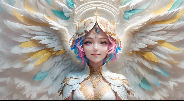 (full-body shot:1.4),  White background, (1 angel girl,shining wings, halo, exquisite headdress, smile), (paper art, Quilted paper art, geomerty), (extremely colorful, Best quality, high detailed, Masterpiece, Cinematic Lighting, 4K, Chiaroscuro)