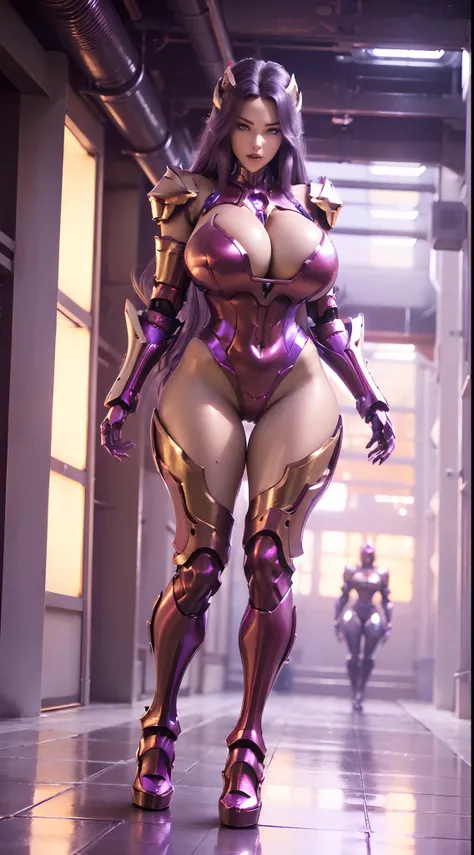 (1GIRL, ALONE, SOLO), (super detailed face), (dark long hair: 0.8), ((dragon Headwear)), (BIG BUTTOCKS, MUSCLE ABS, CLEAVAGE, HUGE FAKE BREASTS:1.5), (GOLD MECHA GUARD ARM:1.3), (RED SHINY MECHA CYBER ARMORED, PURPLE MECHA SKINTIGHT SUIT PANTS, MECHA GUARD...