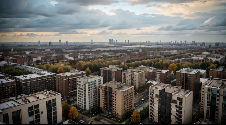 masterpiece, detailed, autumn, view of a city from a high rise building, city, view from slightly above, the photo was taken from afar, urban view in the distance, rainy streets in the background, Belarus. wide shot, view from high, soviet apartment buildi...