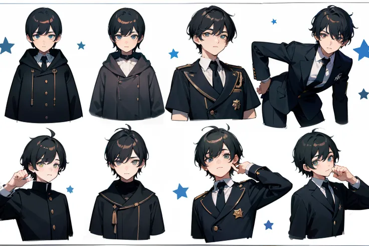 ((Masterpiece, Highest quality)), Detailed face, character sheets, full bodyesbian, Full of details, Multiple poses and expressions, Highly detailed, Depth, Many parts, 1boys , Children all over the body :3,   mitts, Stockings, Black choker, The eye, Star ...