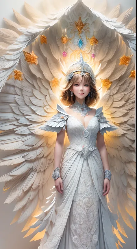 (full-body shot:1.4),  White background, (1 angel girl,shining wings, halo, exquisite headdress, smile), (paper art, Quilted paper art, geomerty), (extremely colorful, Best quality, high detailed, Masterpiece, Cinematic Lighting, 4K, Chiaroscuro)