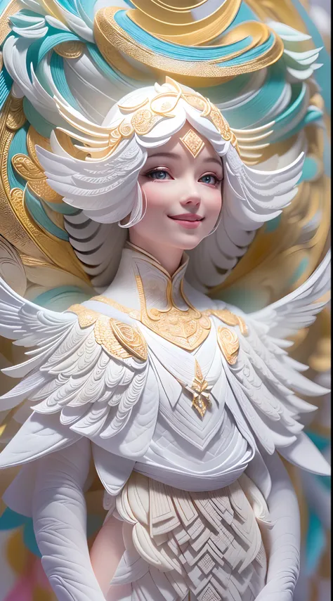 (full-body shot:1.4),  White background, (1 angel girl,shining wings, halo, exquisite headdress, smile), (paper art, Quilted paper art, geomerty), (extremely colorful, Best quality, high detailed, Masterpiece, Cinematic Lighting, 4K, Chiaroscuro)