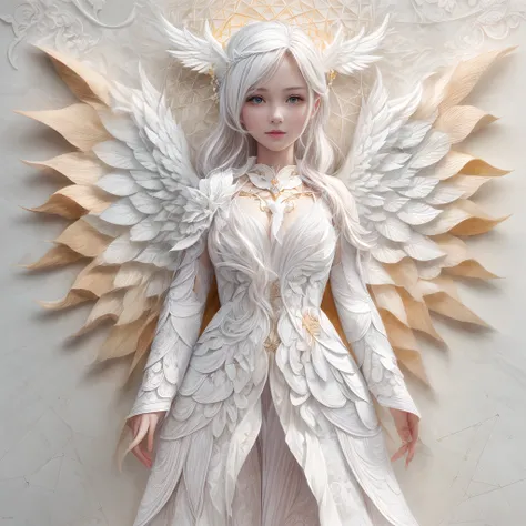 （full body shot of：1.4），white backgrounid，（1 angel girl，shiny wings，The halo，white color hair，Delicate headgear，ssmile），（paper art，Quilted paper art，Geometry），（plethora of colors，Best quality，high detal，tmasterpiece，Cinematic lighting effects，4K，Chiaroscur...