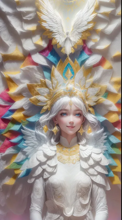 (full-body shot:1.4),  White background, (1 angel girl,shining wings, halo, exquisite headdress, smile), (paper art, Quilted paper art, geomerty), (extremely colorful, Best quality, high detailed, Masterpiece, Cinematic Lighting, 4K, Chiaroscuro)