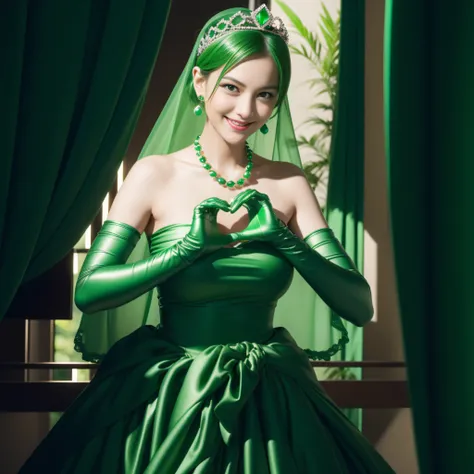 emerald tiara, Green Pearl Necklace, Boyish very short green hair, lipsticks, Japan woman smiling, very short short hair,  big breasts beautiful, Green eyes, Long green gloves made of satin material, Green eyes, Emerald Earrings, green vale, Heart with bot...