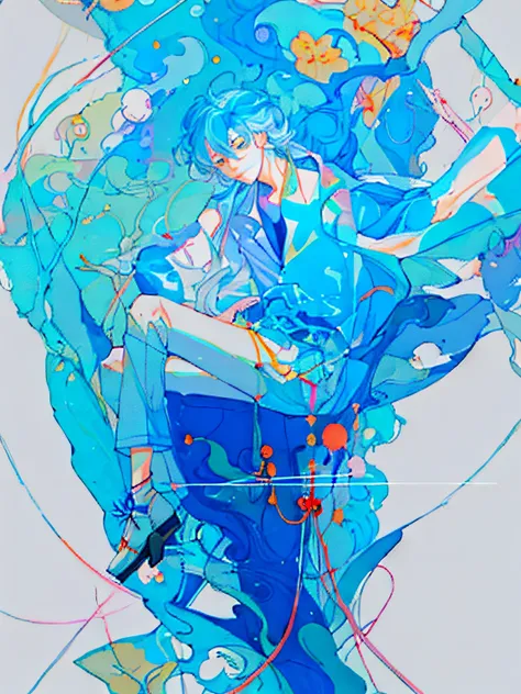 a drawing，A person sits on a branch，legs crossed, inspired by amano, style of james jean, inspired by Yumihiko Amano, author：James Jean, author：James Jean, author：Middle Bokuhn, james jean style, author：Yuki Ogura, inspired by James Jean, style of yoshitak...