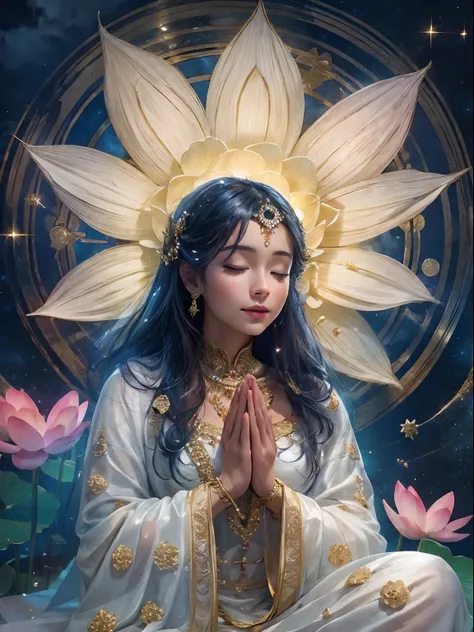 top-quality，tmasterpiece：1.2，Detailed details，Beautiful young goddess gently closed her eyes，gently smiling. She is doing prayer meditation with folded hands. She wore a white dress with stars shining in the blue night sky, You are sitting on a lotus flowe...