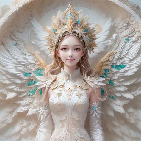 (full-body shot:1.4),  White background, (1 angel girl,shining wings, halo, exquisite headdress, smile), (paper art, Quilted paper art, geomerty), (extremely colorful, Best quality, high detailed, Masterpiece, Cinematic Lighting, 4K, Chiaroscuro)