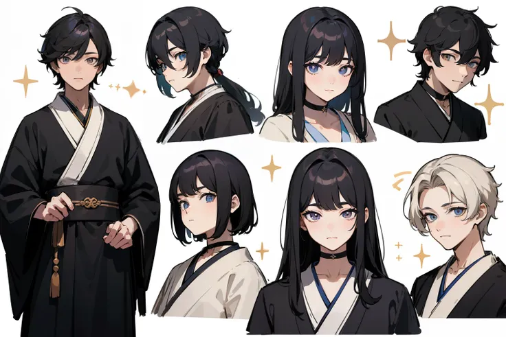 ((Masterpiece, Highest quality)), Detailed face, character sheets, full bodyesbian, Full of details, Multiple poses and expressions, Highly detailed, Depth, Many parts, 1boys , Children all over the body :3,   Hanfu, Black choker, The eye, Star (symbol), p...