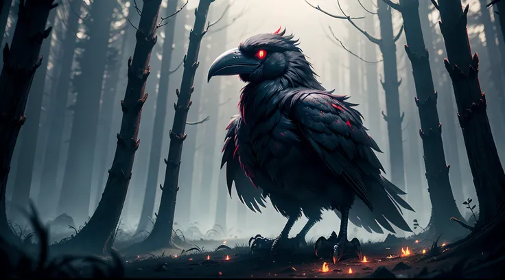 (detailed: 1), (8k), fantasy, night, scary, foggy forest, (big, dark, raven with glowing red eyes, glowing beak, standing near the human corpse)