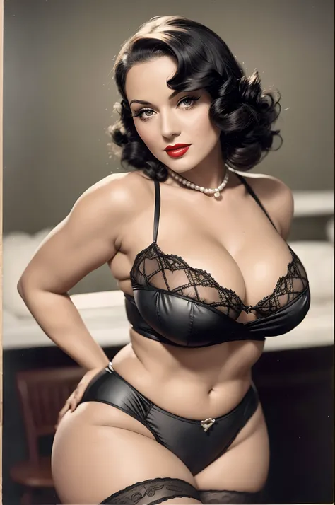 1930s pinup model, An old photo of the most stereotypical 1930s woman, except shes very very busty, huge breasts, skindentation, showing cleavage