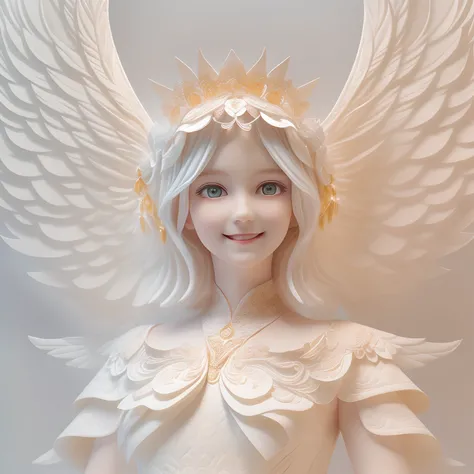 (full-body shot:1.4),  White background, (1 angel girl,shining wings, halo, exquisite headdress, smile), (paper art, Quilted paper art, geomerty), (extremely colorful, Best quality, high detailed, Masterpiece, Cinematic Lighting, 4K, Chiaroscuro)