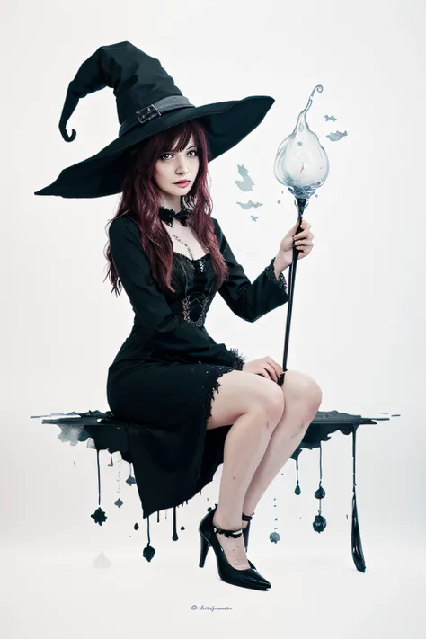 Create a painting of a witch who is feeling lonely and isolated,vector, minimalistic, ink drawing, detailed, water color splash, only one color on background