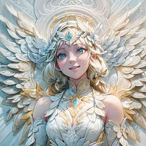 (full-body shot:1.4),  white background, (1 angel girl,shining wings, halo, exquisite headdress, smile), (paper art, quilted pap...