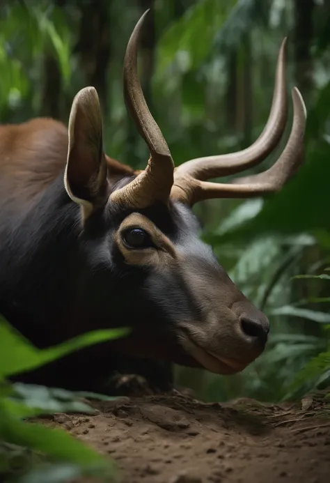 High National Geographic symmetry close-up portrait shot in expressive Saola in green jungle, Anamorphic lenses, Ultra-realistic, Hyper-detailed, Green core, Jungle Core – AR 16:9 –q 2 –v 5