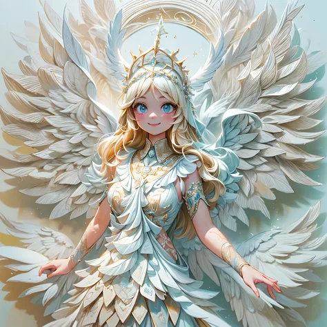 (full-body shot:1.4),  White background, (1 angel girl,shining wings, halo, exquisite headdress, smile), (paper art, Quilted paper art, geomerty), (extremely colorful, Best quality, high detailed, Masterpiece, Cinematic Lighting, 4K, Chiaroscuro)