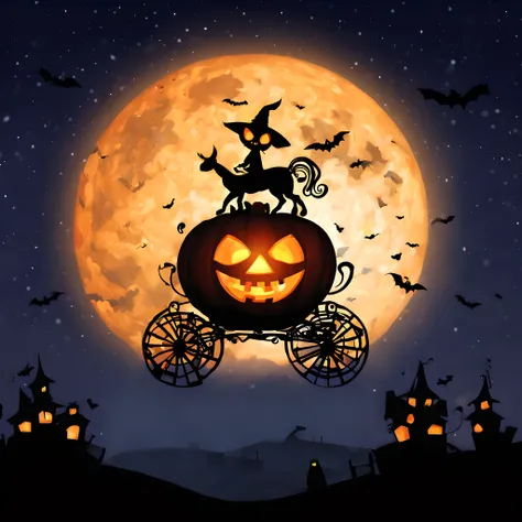 (halloween theme:1.5), (Pumpkin Carriage:1.5), chibi emote, flying starry sky like a movie "ET", Like the famous scene of the movie ET、Pumpkin Carriage soars through the sky、under huge full moon, silhuette、