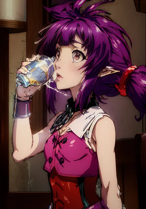 sherry, girl drinking from an ornate ceramic cup, purple hair, red hair hairpin, purple vest with white edge, purple translucent...