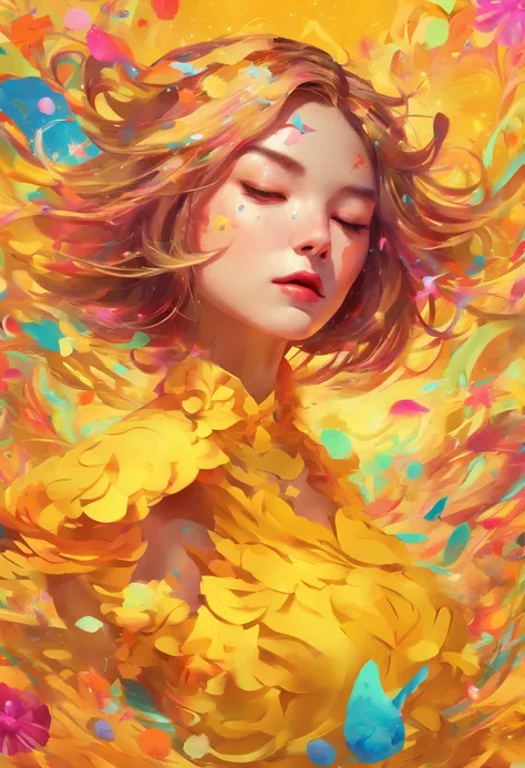 ((top-quality, 8K)), (Realistic), (Face Focus: 1.1), (amarelo: 1.3), Kawaii Girl, short-hair, 
Hair fluttering in the wind, Facing to the side, Look up at your face, Eyes closed, (Sleeveless: 1.1)、Skirt, D Cup Breasts,Countless petals are falling