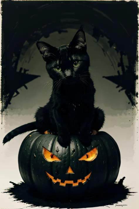 The picture shows a black cat sitting on top of a jack-o-lantern pumpkin. The cat is looking at the camera with its green eyes. The pumpkin is carved into a spooky face with sharp teeth. The background is dark, and there are a few leaves on the ground, vec...