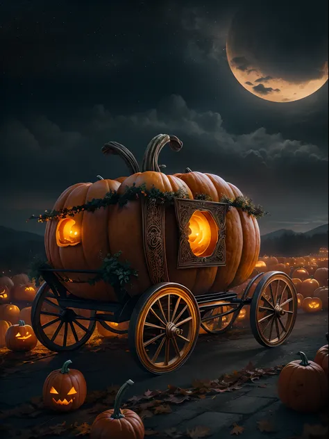 A pumpkin carriage at hill, Halloween night, super realistic, glowing orange pumpkin carriage, pumpkins at hills, cloudy sky, detailed art, cinematic art, 24K UHD resolution, blurred background, ultra high detailed