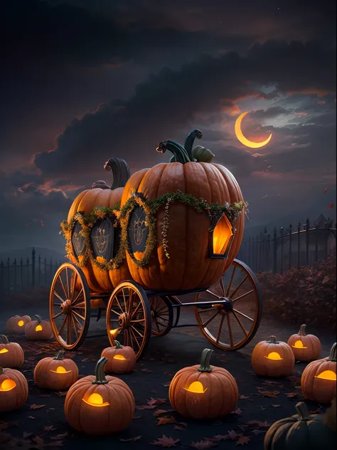 A pumpkin carriage at hill, Halloween night, super realistic, glowing orange pumpkin carriage, pumpkins at hills, cloudy sky, detailed art, cinematic art, 24K UHD resolution, blurred background, ultra high detailed