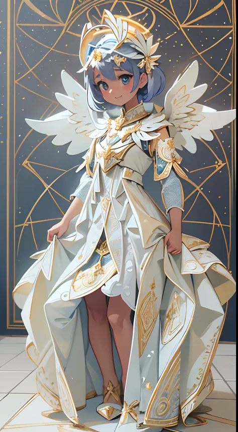 （full body shot of：1.4），white backgrounid，（1 angel girl，shiny wings，The halo，Delicate headgear，ssmile），（paper art，Quilted paper art，Geometry），（plethora of colors，Best quality，high detal，tmasterpiece，Cinematic lighting effects，4K，Chiaroscuro）