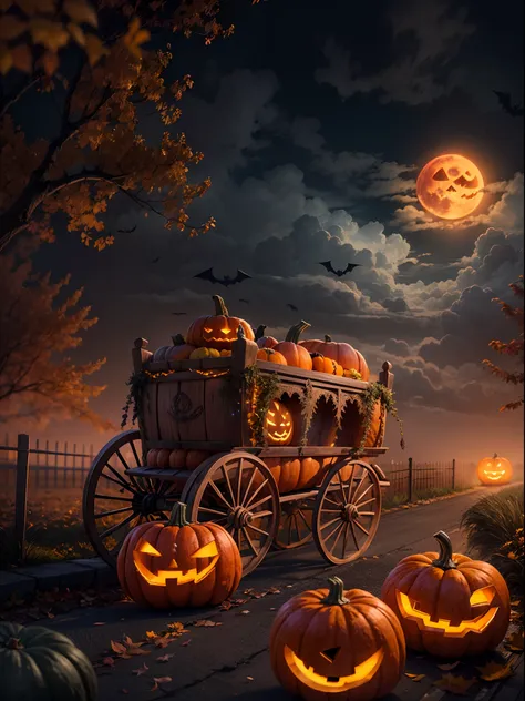 A pumpkin carriage at hill, Halloween night, super realistic, glowing orange pumpkin carriage, cloudy sky, detailed art, cinematic art, 24K UHD resolution, blurred background, ultra high detailed, orange full moon