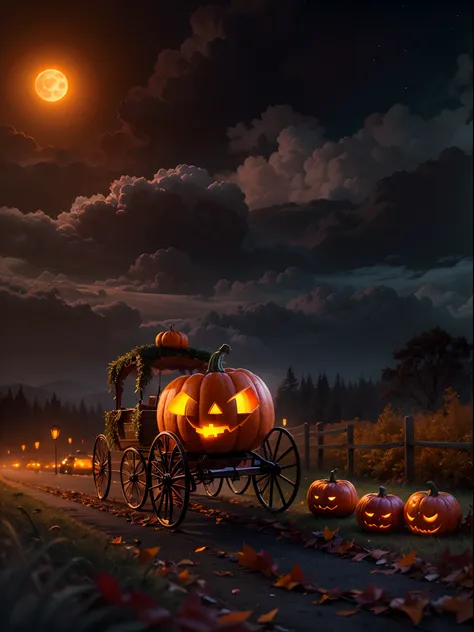 A pumpkin carriage at hill, Halloween night, super realistic, glowing orange pumpkin carriage, cloudy sky, detailed art, cinematic art, 24K UHD resolution, blurred background, ultra high detailed, orange full moon