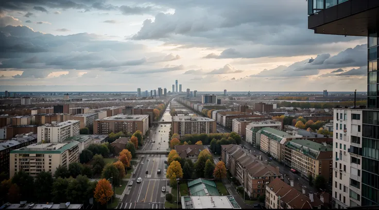 masterpiece, detailed, 8k, ultrarealism, autumn, view of a city from a high rise building, city, view from slightly above, the photo was taken from afar, urban view in the distance, rainy streets in the background, Belarus. wide shot, view from high, sovie...