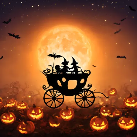 (halloween theme:1.5), (Pumpkin Carriage:1.5), chibi emote, flying starry sky like a movie "ET", Like the famous scene of the movie ET、Pumpkin Carriage soars through the sky、under huge full moon, silhuette、