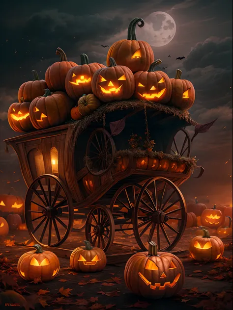 A pumpkin carriage at hill, Halloween night, super realistic, glowing orange pumpkin carriage, pumpkins at hills, cloudy sky, detailed art, cinematic art, 24K UHD resolution, blurred background, ultra high detailed