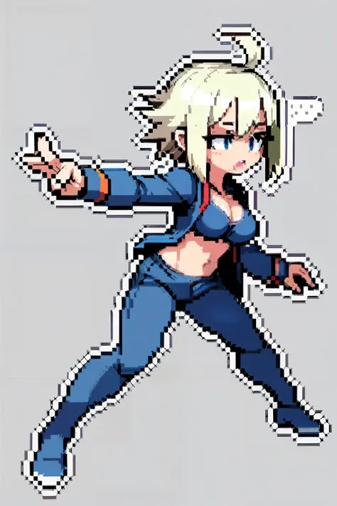 (masterpiece, top quality, best quality, less detail, 8-bit color), pixel,pixel art,1girl,full body, attack pose, US style, poor jacket, game asset, simple silver hair, simple bra on top, simple short pant