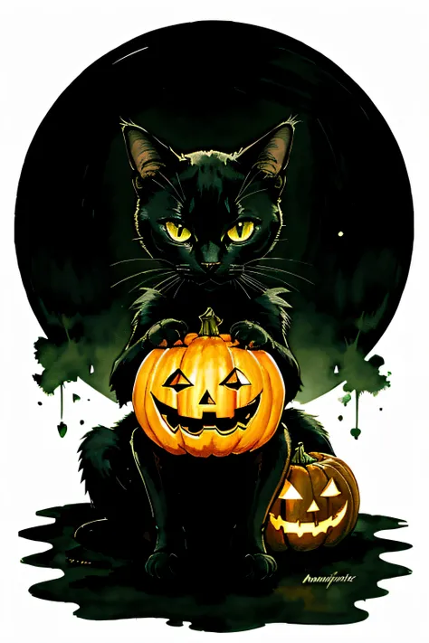 A black cat sits on a jack-o-lantern pumpkin, its green eyes glowing in the dark,vector, minimalistic, ink drawing, watercolor splash, detailed,anime, illustration