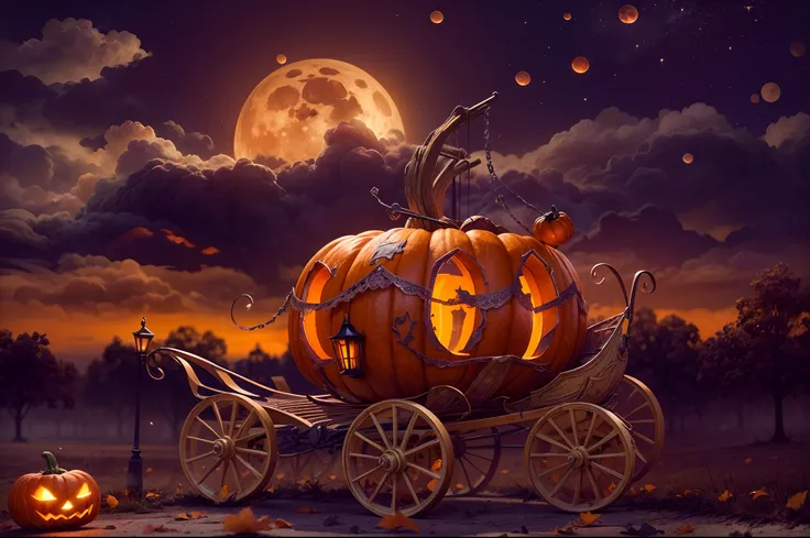 A pumpkin carriage at hill, Halloween night, super realistic, glowing orange pumpkin carriage, cloudy sky, detailed art, cinematic art, 24K UHD resolution, blurred background, ultra high detailed, orange full moon